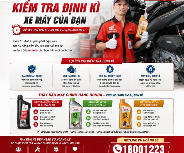 NHẮC HẸN BẢO DƯỠNG ĐỊNH KỲ – GIỮ XE HONDA LUÔN BỀN BỈ, ÊM ÁI NHƯ MỚI.Bạn có nhớ lần gần nhất chiếc xe của mình được thay dầu và kiểm tra định kỳ là khi nào không? .Sau hàng nghìn km vận hành, dầu máy sẽ dần mất đi khả năng bôi trơn, các chi tiết hao mòn tự nhiên và nhiều hạng mục cần được kiểm tra để đảm bảo xe luôn hoạt động trong trạng thái tốt nhất.