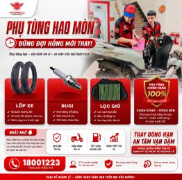 PHỤ TÙNG HAO MÒN – ĐỪNG ĐỢI HỎNG MỚI THAY! Xe máy vận hành mỗi ngày đồng nghĩa với việc lốp xe, bugi và lọc gió cũng dần hao mòn theo thời gian. Nếu không thay thế đúng hạn, xe có thể gặp nhiều vấn đề như hao xăng, ì máy, khó nổ, giảm độ bám đường và tiềm ẩn nguy cơ mất an toàn khi di chuyển. Đừng để những chi tiết nhỏ ảnh hưởng đến cả hành trình của bạn!