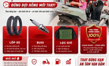 PHỤ TÙNG HAO MÒN – ĐỪNG ĐỢI HỎNG MỚI THAY! Xe máy vận hành mỗi ngày đồng nghĩa với việc lốp xe, bugi và lọc gió cũng dần hao mòn theo thời gian. Nếu không thay thế đúng hạn, xe có thể gặp nhiều vấn đề như hao xăng, ì máy, khó nổ, giảm độ bám đường và tiềm ẩn nguy cơ mất an toàn khi di chuyển. Đừng để những chi tiết nhỏ ảnh hưởng đến cả hành trình của bạn!