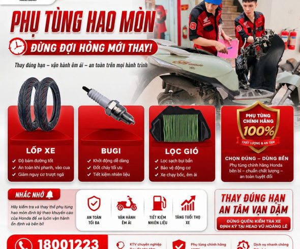 PHỤ TÙNG HAO MÒN – ĐỪNG ĐỢI HỎNG MỚI THAY! Xe máy vận hành mỗi ngày đồng nghĩa với việc lốp xe, bugi và lọc gió cũng dần hao mòn theo thời gian. Nếu không thay thế đúng hạn, xe có thể gặp nhiều vấn đề như hao xăng, ì máy, khó nổ, giảm độ bám đường và tiềm ẩn nguy cơ mất an toàn khi di chuyển. Đừng để những chi tiết nhỏ ảnh hưởng đến cả hành trình của bạn!